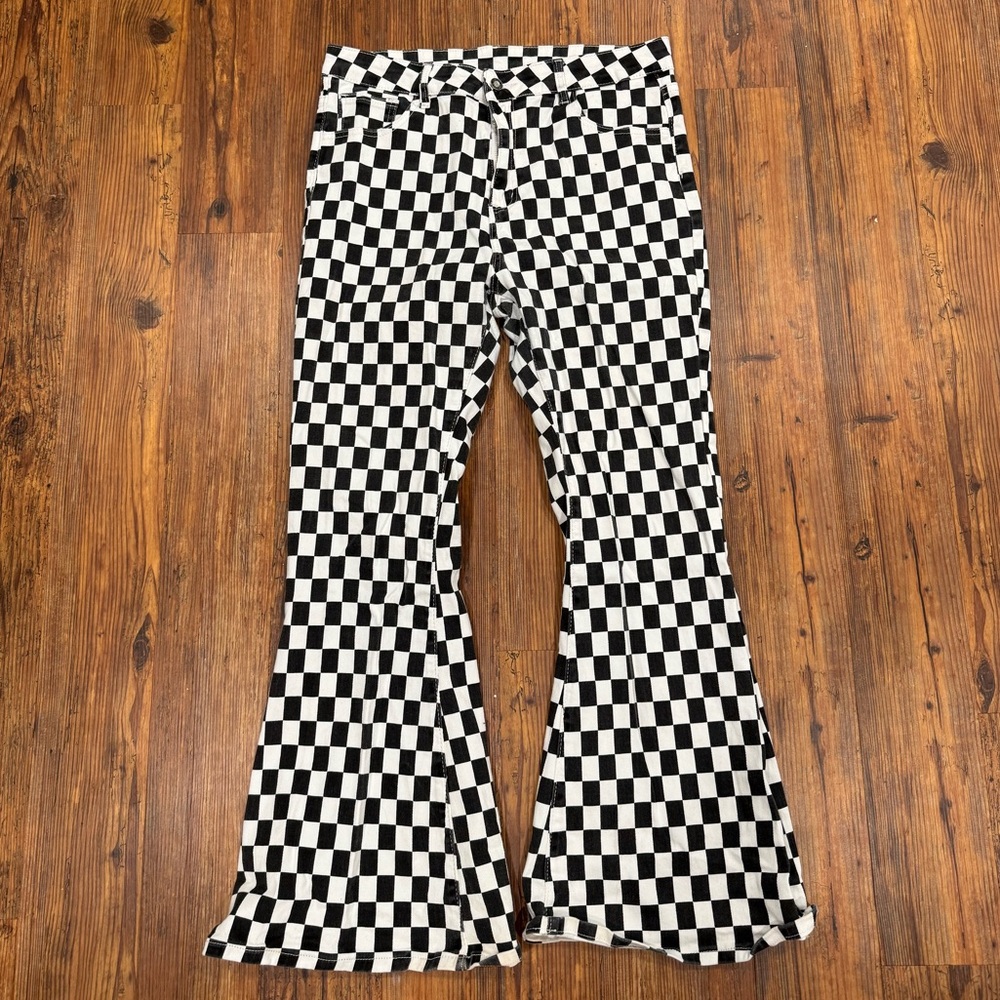 Black and white checkered women’s flared jeans